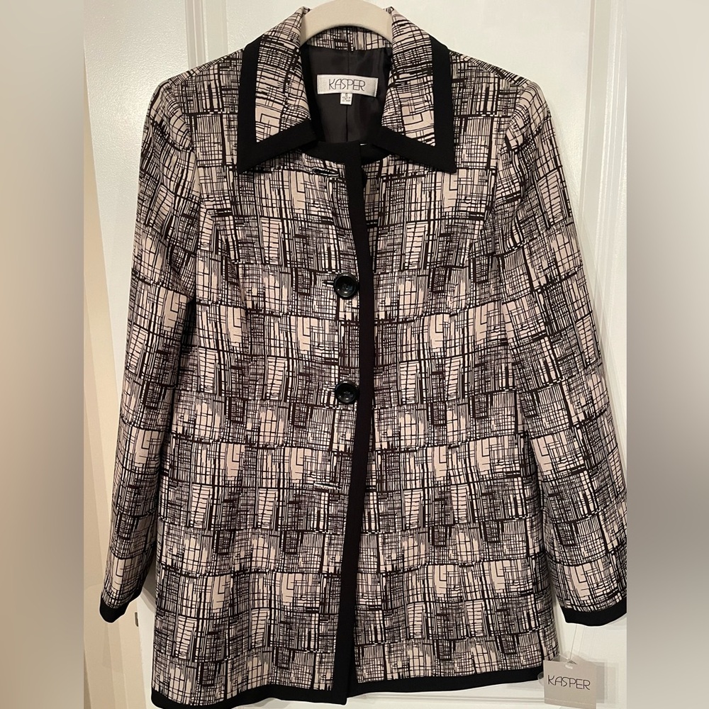 Kasper Black and Cream Geometric Trench Coat